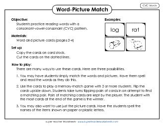 Game: Word-Picture Cards (CVC) Phonics Cvc Worksheet