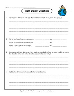 Light Energy Questions Worksheet