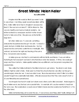 Helen Keller  6th Grade Reading Comprehension Worksheet