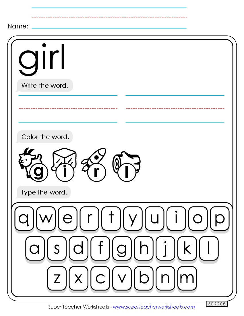 Write, Color, Type: Girl Sight Words Individual Worksheet