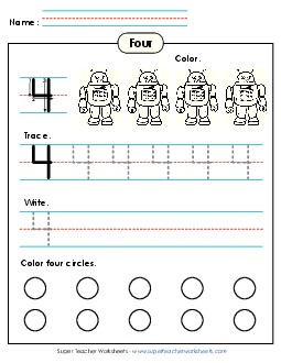 Number 4: Trace, Print, Color Counting Worksheet