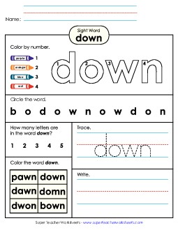 Worksheet 4: Down Sight Words Individual Worksheet