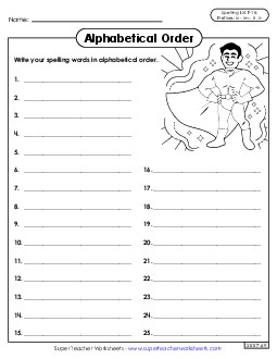 Alphabetical Order: Whole List (F-18) Spelling F Worksheet