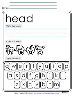 Write, Color, Type: Head Sight Words Individual Worksheet