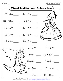 Addition & Subtraction Facts: Fairy Tales  (Horizontal) Mixed Addition Subtraction Worksheet