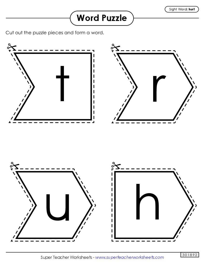 Word Puzzle: Hurt Sight Words Individual Worksheet