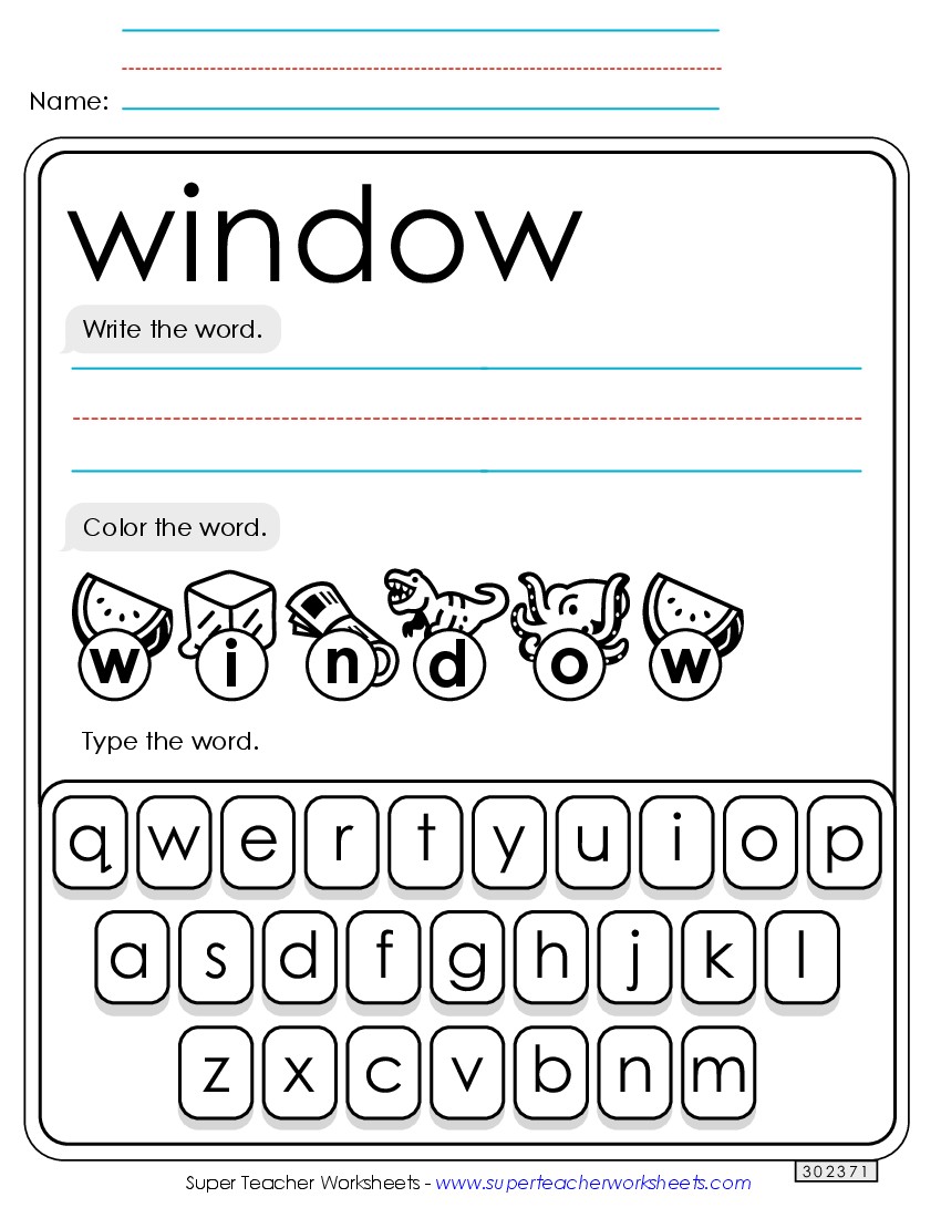 Write, Color, Type: Window Sight Words Individual Worksheet