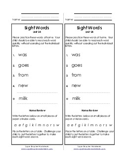 Take-Home List (Unit 24)  Sight Words Worksheet