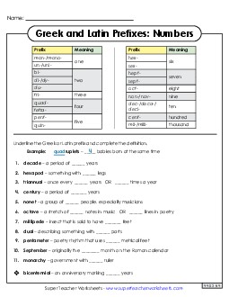 Number Prefixes Worksheet Greek Latin Word Parts Worksheet