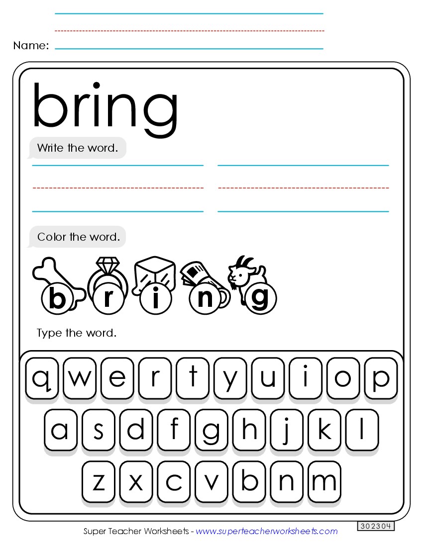 Write, Color, Type: Bring Sight Words Individual Worksheet