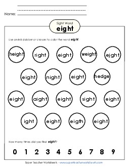 Dab or Color: Eight Sight Words Individual Worksheet