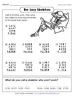 Lazy Skeleton (4-Digit Column Addition) Worksheet