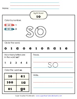 Worksheet 4: So Free Sight Words Individual Worksheet