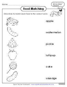 Food-Word Picture Match Picture Book Very Hungry Caterpillar Worksheet