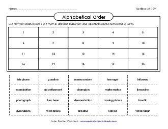 ABC Order: Cut-and-Glue (E-29) Spelling E Worksheet