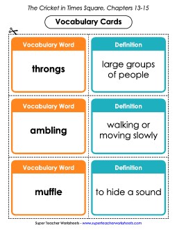 Vocabulary Cards: Chapters 13 - 15 Book The Cricket In Times Square Worksheet