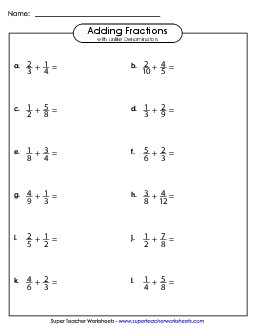 Adding Fractions with Unlike Denominators (Horizontal) Worksheet