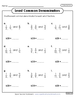 Least Common Denominator (3 Fractions) Worksheet