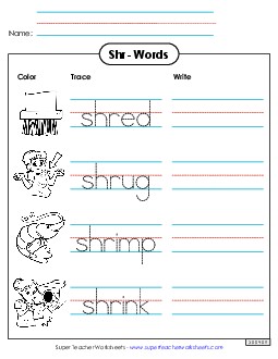 Trace and Write (Shr- Words) Phonics Blends Worksheet