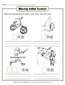 Missing Initial Sounds (-ike) Word Families Worksheet