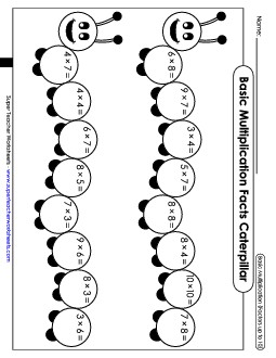 Caterpillar: Basic Multiplication (Factors up to 10) Worksheet