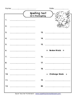 Spelling Test (C-Thanksgiving)  Spelling C Worksheet