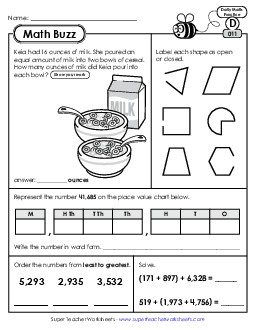 Math Buzz: Week 3 Worksheets 11 through 15 Daily Math Review Worksheet