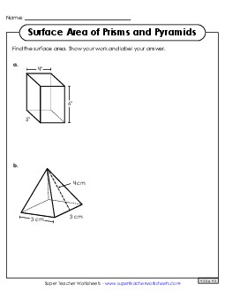 Surface Area of Rectangular Prisms and Pyramids Worksheet