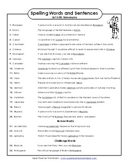 Spelling Test Sentences (E-28) Spelling E Worksheet