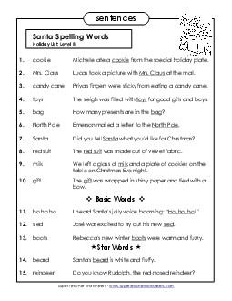 Spelling Test Sentences (B-Christmas) Spelling B Worksheet