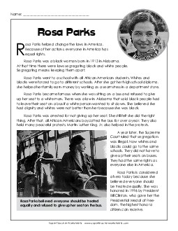 Rosa Parks Reading Comprehension Worksheet