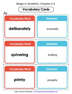 Vocabulary Cards for Chapters 3-4 Book Bridge To Terabithia Worksheet