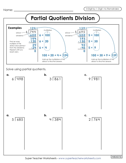 Partial Quotients 3-Digit by 1-Digit Division (No Remainders) Worksheet