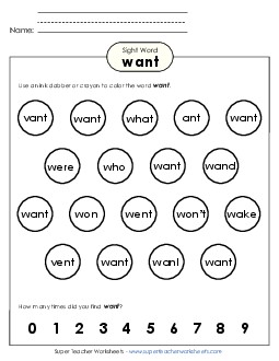 Dab or Color: Want Sight Words Individual Worksheet