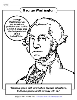 President #1:  Washington Coloring Page Free Presidents Worksheet