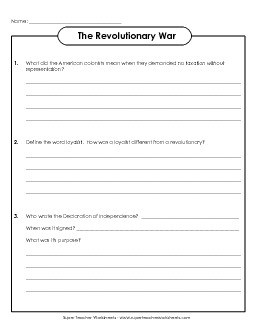 Revolutionary War Questions Worksheet