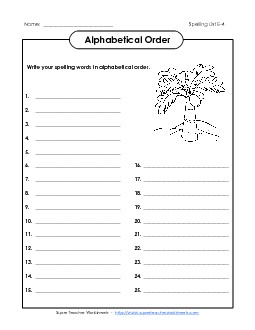 ABC Order: Whole List (E-4) Spelling E Worksheet