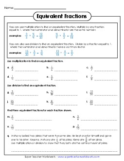 Multiplying & Dividing to Find Equivalent Fractions Worksheet