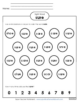 Dab or Color: Sure Sight Words Individual Worksheet