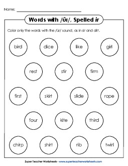 Color the Word: /Ã»r/ Spelled <i>ir</i> Phonics R Controlled Vowels Worksheet