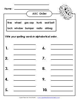 ABC Order: Full List (B-Car Parts)  Spelling B Worksheet