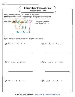 Combining Like Terms (Intermediate #1) Expressions Equivalent Worksheet