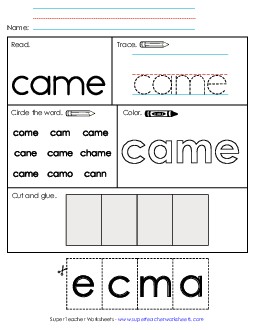 Worksheet 2: Came Free Sight Words Individual Worksheet