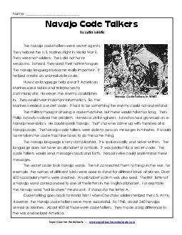 Navajo Code Talkers Reading Comprehension Worksheet