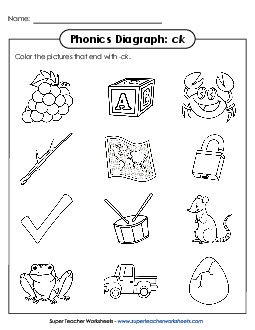 Color /ck/ Pictures Phonics Digraphs Worksheet