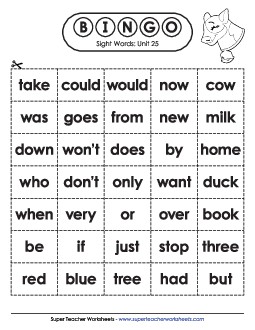 Sight Word Bingo (Unit 25) Sight Words Worksheet