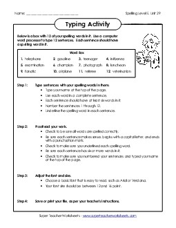 Typing Sentences (E-29) Spelling E Worksheet