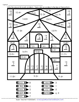 Mystery Picture: Castle Basic Subtraction Worksheet