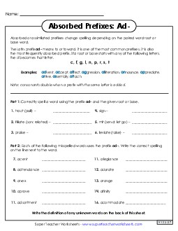 Absorbed Prefixes: Ad- Free Greek Latin Word Parts Worksheet