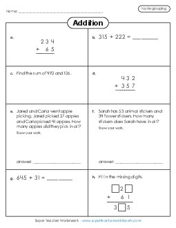 Variety Worksheet: No Regrouping Addition Worksheet